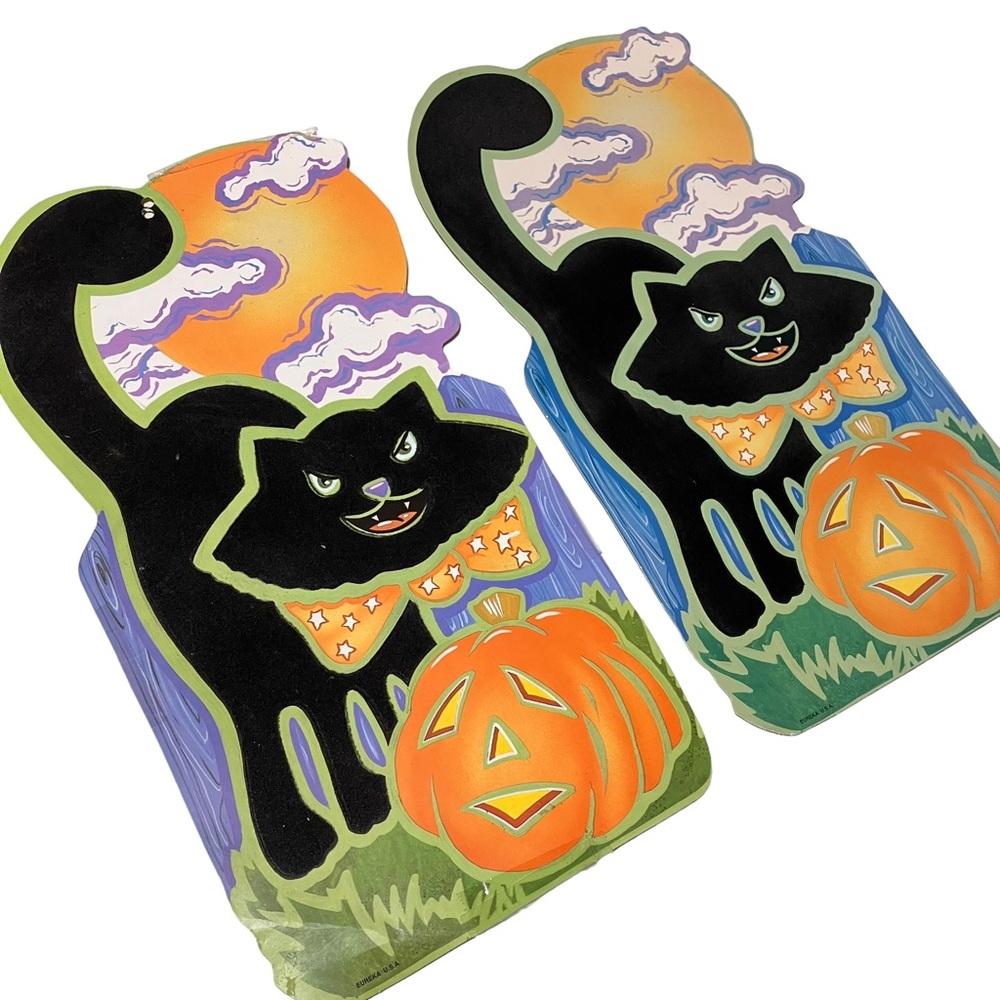 Vintage Eureka Halloween Double Sided Flocked Fuzzy Black Cat Pumpkin Die Cuts